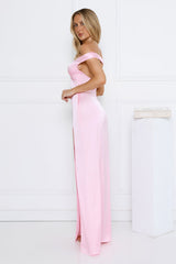 Spark Babe Off Shoulder Satin Maxi Dress Pink